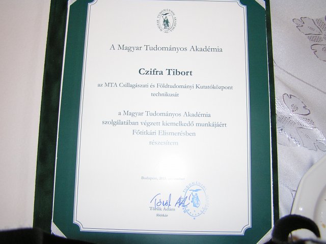 Czifra Tibor munkájának elismerése